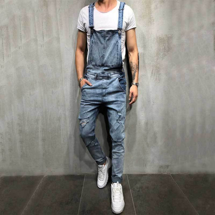 Distressed Denim Bib Overalls