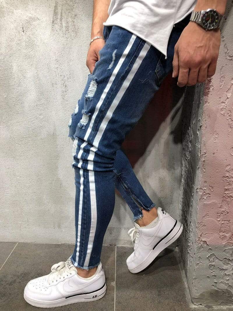 White Side Stripes Ripped Jeans
